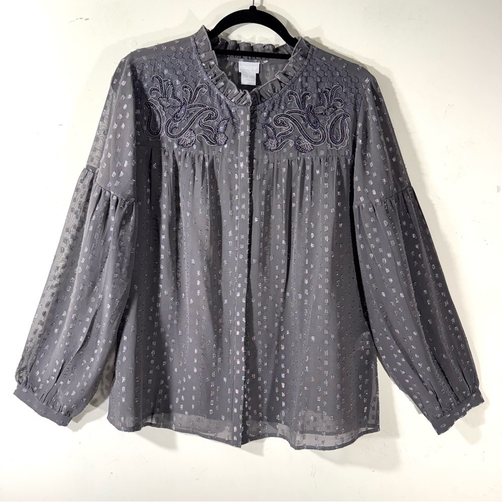 Chico’s Gray Sheer Flocked Beaded Blouse NEW